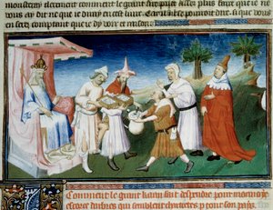 Qubilai (Kubilai Khan, primo imperatore della dinastia mongola Yuan (1215-1294) paga i suoi acquisti con monete di corteccia di gelso in miniatura tratte da "Il Libro delle Meraviglie" di Marco Polo ("Il Milione") illustrato dal Maestro di Boucicaut da (and workshop) Boucicaut Master
