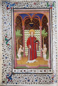 Rappresentazione di San Leonardo (VI secolo), eremita del Limousin, che libera due prigionieri. Pagina del manoscritto 