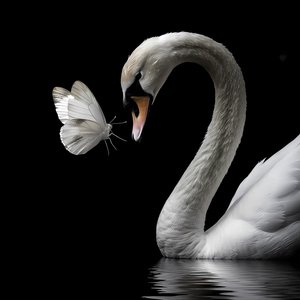 Un bellissimo cigno e una farfalla bianca che si baciano su uno sfondo nero