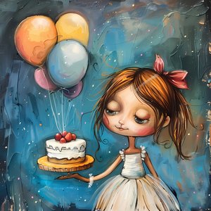 Una ragazza che tiene una torta di compleanno e palloncini