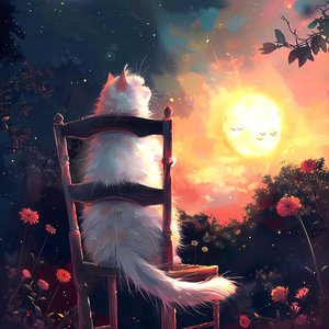 Un gatto bianco seduto su una vecchia sedia di legno guarda la luna, stampe d