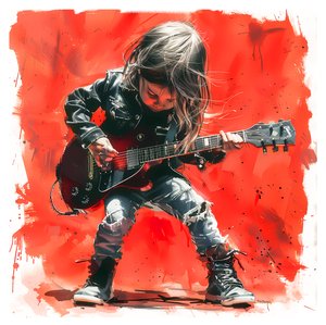 Un bambino suona la chitarra elettrica rock, dipinti d