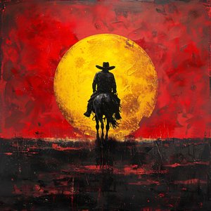 Poster vintage di cowboy occidentale e tramonto per decorazione da parete