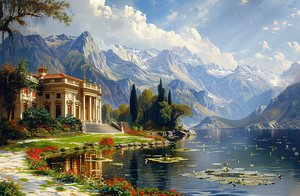Dipinto di paesaggio urbano: villa in stile Grecia antica e lago per decorazione da parete
