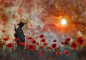 Silhouette di un soldato in un campo di papaveri
