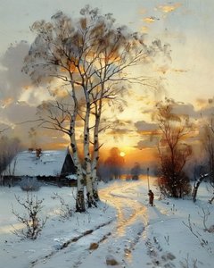 Una casa in campagna al tramonto in inverno tra la neve, stampe d