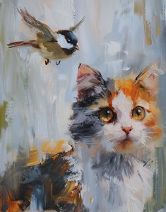 Dipinto ad olio astratto: gatto calico arancione e grigio e uccello, stampe murali da F. Abderrahim