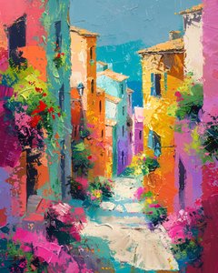 Dipinto astratto: case colorate in una strada di un villaggio mediterraneo | stampe d