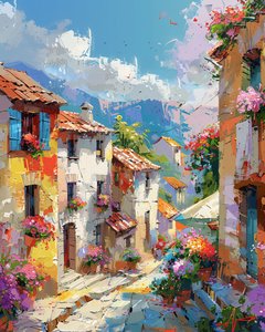 Dipinto astratto: case colorate in una vecchia città tradizionale, decorazione murale