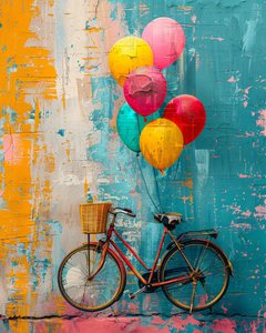 Dipinto primitivo astratto: bicicletta che sale con palloncini, decorazione murale per camera da letto da F. Abderrahim