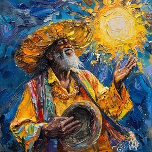Uomo messicano felice con cappello che balla, pittura in stile Van Gogh