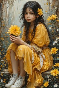 Innocente bella ragazza che tiene fiori in un paesaggio naturale, stampe d