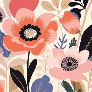 Illustrazione botanica di fiori pastello audaci stile Matisse