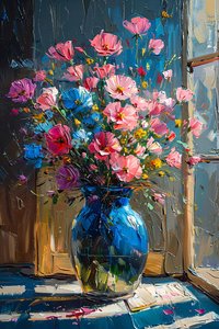 Dipinto a olio di fiori rosa e blu disordinati