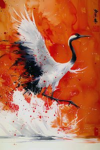 Cicogna dipinta in colori caldi in stile artistico asiatico da F. Abderrahim