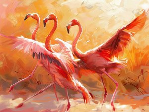 Pittura astratta di fenicotteri danzanti