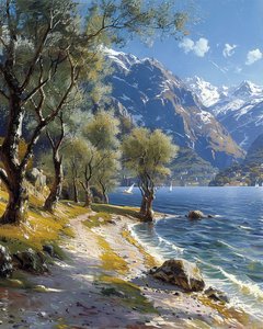 Paesaggio montano e forestale con un lago tranquillo, stampe d