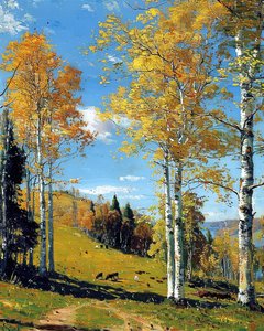 Paesaggio con bosco di betulle e fogliame vivace, decorazione murale per qualsiasi ambiente da F. Abderrahim
