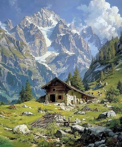 Cabina di legno nelle Alpi svizzere in primavera, decorazione murale per la cucina