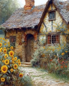 Giardino di una casa medievale con girasoli, idee di decorazione murale da F. Abderrahim
