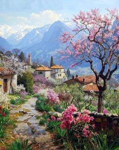Un bellissimo villaggio circondato da piante fiorite in un paesaggio montano da F. Abderrahim