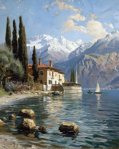 Una casa che si affaccia su un grande lago accanto a una catena montuosa da F. Abderrahim