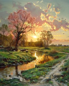 Bellissimo paesaggio al tramonto, tela per decorazione murale Paesaggio moderno