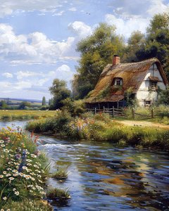 Casa in campagna vicino a un fiume, paesaggio in vendita online Wall Decor da F. Abderrahim