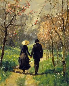 Un uomo e una bella donna innamorata camminano nel bel mezzo di una foresta da F. Abderrahim