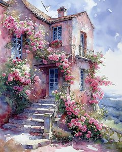 Casa circondata da piante rampicanti con fiori rossi e rosa