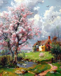 Vecchia casa e paesaggio con alberi in fiore, decorazione murale per qualsiasi stanza