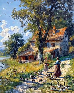 Ragazza di campagna si prende cura di uno stormo di anatre, vendita Wall Decor