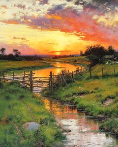 Tramonto su un torrente tortuoso in campagna, stampe d