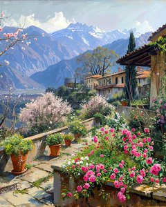 Un bellissimo villaggio circondato da fiori primaverili in un paesaggio montano