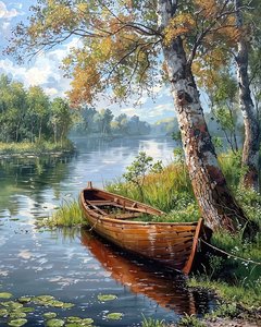 Bellissimo paesaggio con un fiume e una barca, tela per la decorazione della parete Paesaggi urbani