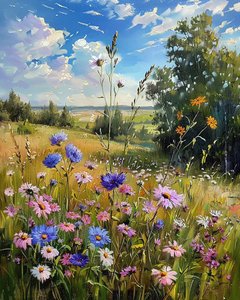 Paesaggio con fiori selvatici, idee di decorazione murale, stampe su tela