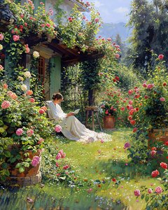 Una donna che legge, indossando un abito bianco, legge un libro nel suo giardino