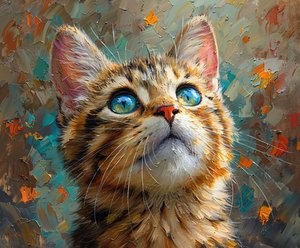 Un simpatico gatto con gli occhi azzurri che guarda in alto, faccia di animale ravvicinata, decorazione murale da F. Abderrahim