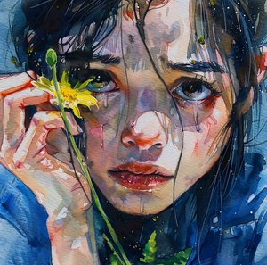 Una ragazza accarezza un fiore giallo, ritratto ravvicinato, stampa su tela online da F. Abderrahim