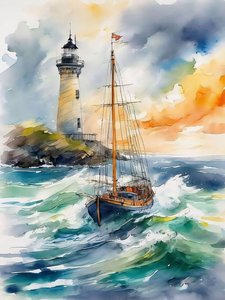 Faro, onde e barca nel mare Pittura, decorazione murale moderna da F. Abderrahim