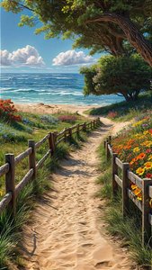 Un sentiero sabbioso conduce a una bellissima spiaggia con una staccionata di legno e fiori colorati. da F. Abderrahim