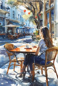 Una donna seduta su una sedia in un caffè in una strada di Parigi, decorazione murale incorniciata da F. Abderrahim