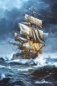 Un dipinto a olio raffigurante una fregata a vele spiegate tra le onde di un mare agitato da F. Abderrahim
