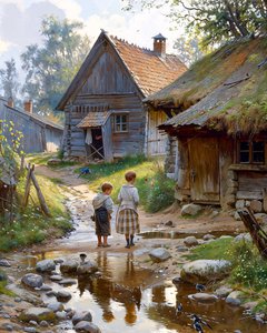 Vita rurale quotidiana. Strada del villaggio, bambini davanti a una capanna di legno da F. Abderrahim