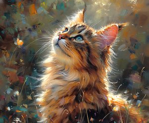 Gatto soffice che guarda in alto, dipinto realistico di animale domestico carino, decorazione da parete con cornice da F. Abderrahim