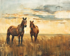 Quadro ad olio Cavalli maestosi in un campo al tramonto, Tela e decorazioni murali da F. Abderrahim