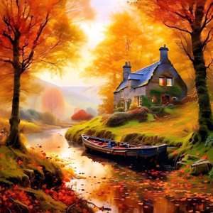 Pittura di una capanna nel bosco con un ruscello, paesaggio autunnale da F. Abderrahim