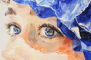 Pittura ad olio realistica indaco cinematografico, occhio blu femminile in primo piano da F. Abderrahim