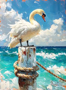 Uccello migratore bianco, oche in riva al mare, colori blu, idee di decorazione murale da F. Abderrahim