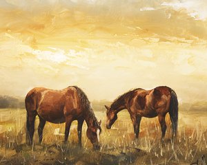 Cavalli selvaggi al tramonto, decorazione murale su tela e con cornice da F. Abderrahim